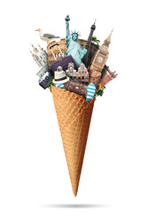 Wall Mural - waffle cone with landmarks and with the travel luggage