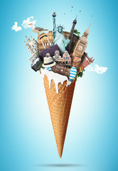 Wall Mural - waffle cone with landmarks and with the travel luggage