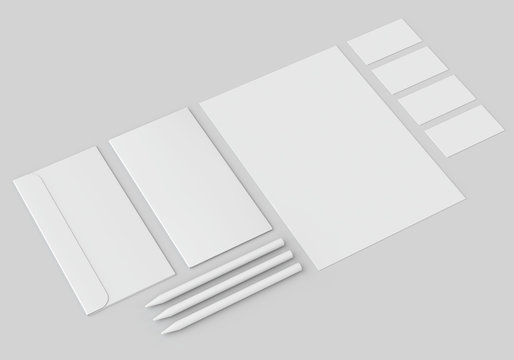 White stationery mock-up, template for branding identity on gray background. For graphic designers presentations and portfolios. 3D rendering.