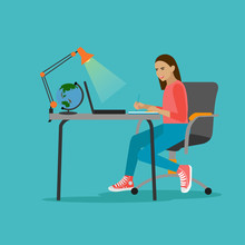 Young Woman With Laptop Vector Illustration In Flat Style Design. Girl Sitting At The Desk And Working On Computer. Online Education.