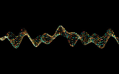 Poster - Abstract vector illustration of waves with particles on black background. Futuristic background with lines of many dots. Pattern design for poster, cover, banner, placard