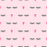 Abstract pattern with closed eyes and pink hearts. Cute eyelashes  background illustration. Fashion design for textile, wallpaper, fabric etc.  Stock Vector