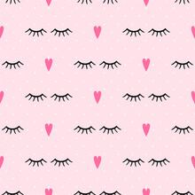 Abstract Pattern With Closed Eyes And Pink Hearts. Cute Eyelashes Illustration On Polka Dot Background. Design For Textile, Wallpaper, Web, Fabric And Decor.