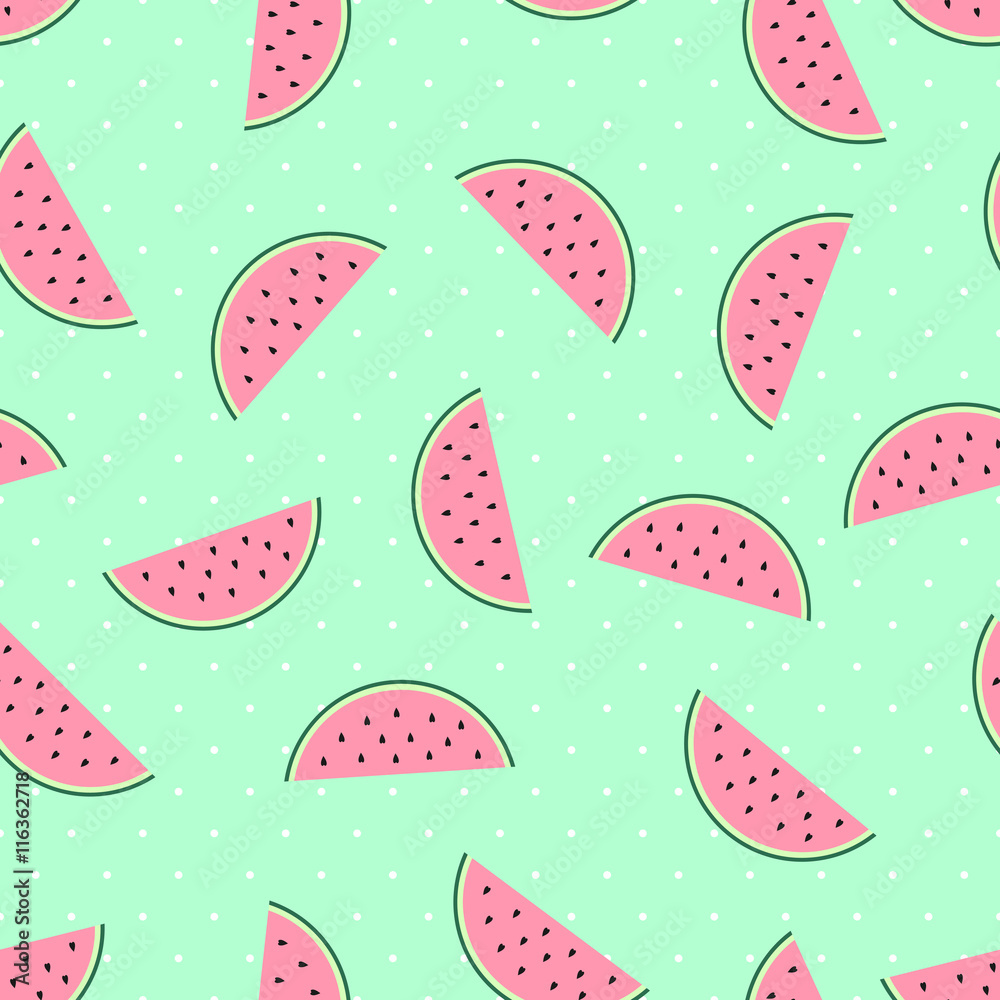 Pink watermelon slices seamless pattern on mint green polka dots ...