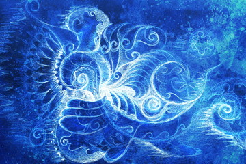Fototapete - ornamental filigran drawing with frozen winter time feelingt, spiral and abstract linear structure pattern Color effect and Computer collage.