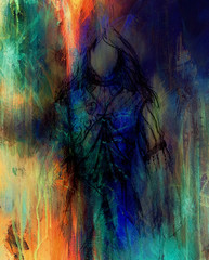 Wall Mural - sketch of mystical woman  in beautiful ornamental dress  inspired by middle age design. Computer collage.