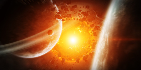 Wall Mural - exploding sun in space close to planet