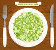 Fresh green salad on a plate top view. Vector illustration of a healthy meal of vegetables.