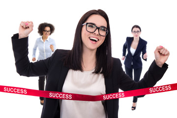 success concept - business woman crossing finish line isolated o