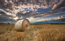 Sunset Over Farm Field With Hay Bales.