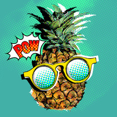 Wall Mural - Pop art comic poster with the image of a pineapple with a glasses. Vector illustration.