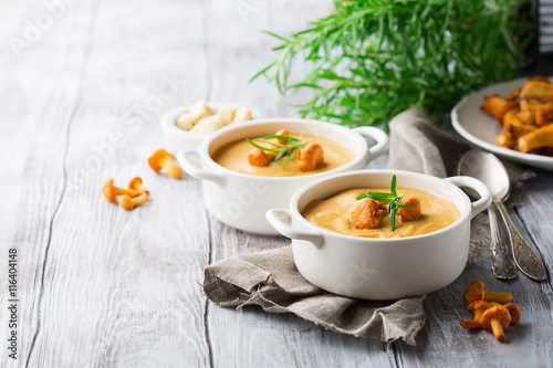 Fotografie, Obraz Soup with chanterelles and herbs, whitw wooden background