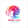 Woman profile silhouette in sea waves with hair over her head and drops in circle. Vector colorful logo teplate on white background