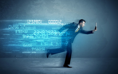 Business man running with device and data concept