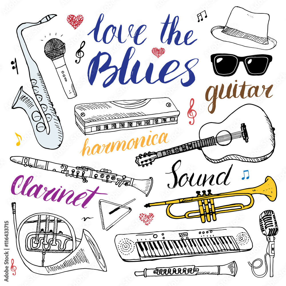 Sound Instruments Drawing Music Instruments Set. Hand Drawn Sketch, Vector Illustration Isolated ...