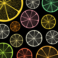 Poster - Different colorful citrus slices on black background