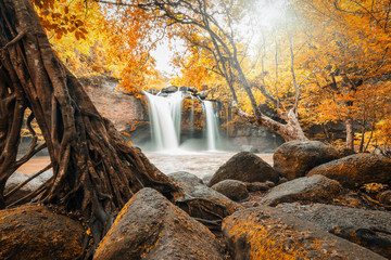 Powerful waterfall surrounded by trees and rocks