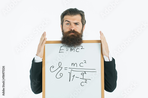 bearded man with einstein formula and newtons law Poster