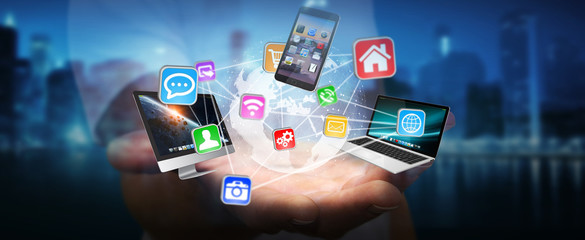 Poster - Tech devices and icons connected to digital planet earth