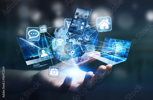 Fotografía Tech devices and icons connected to digital planet earth