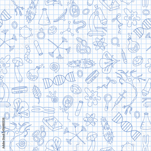 Fotografie, Tablou Seamless pattern with hand drawn icons on the theme of biology,dark blue outline
