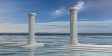 Two White Marble Pillars On Blue Sky And Sea Background. 3d Illustration