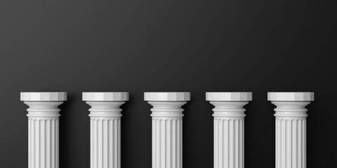 Wall Mural - Five white color marble pillars against black wall background. 3d illustration