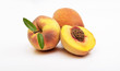 © stockyme - Three peach fruits with leaf isolated on white background