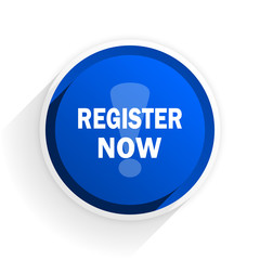 Poster - register now flat icon with shadow on white background, blue modern design web element