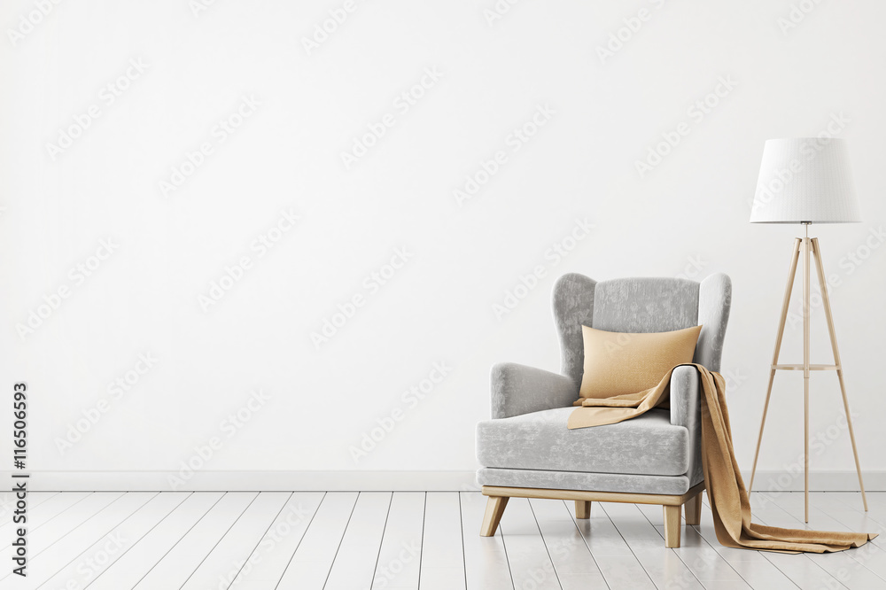 Neutral interior with velvet armchair on empty white wall background. 3D rendering. - obrazy, fototapety, plakaty 