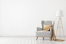 Neutral Interior With Velvet Armchair On Empty White Wall Background. 3D Rendering.