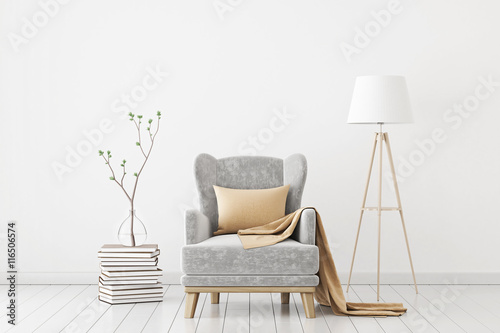 Fotografía Neutral interior with velvet armchair on empty white wall background