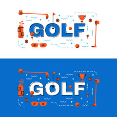 Wall Mural - Golf banner, golf lettering flat line design with icons
