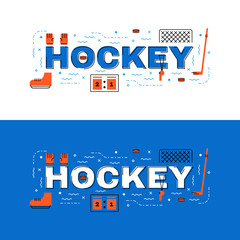 Wall Mural - Hockey banner, hockey  lettering flat line design with icons