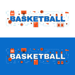 Wall Mural - Basketball banner, basketbal lettering flat line design with ico