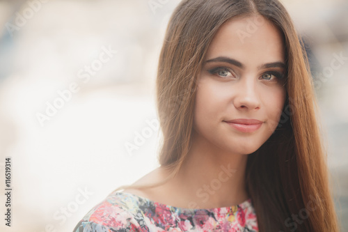 Closeup Portrait Of Young Beautiful Woman With Grey Eyes Brunette