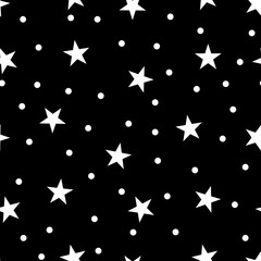 Wall Mural - star and polka dots seamless pattern. black and white retro print background. chaotic elements abstr