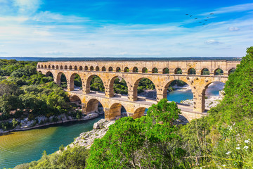 Three-tiered aqueduct Pont du Gard and natural park