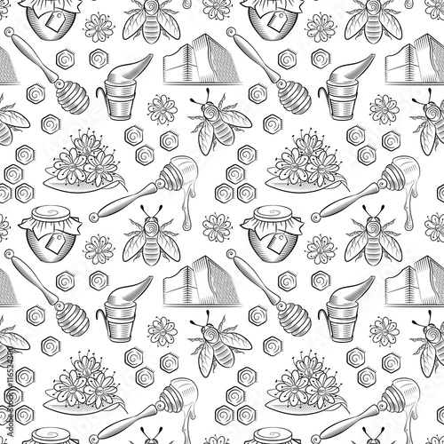 Cotton fabric Seamless pattern with pots of honey, bees and flowers.