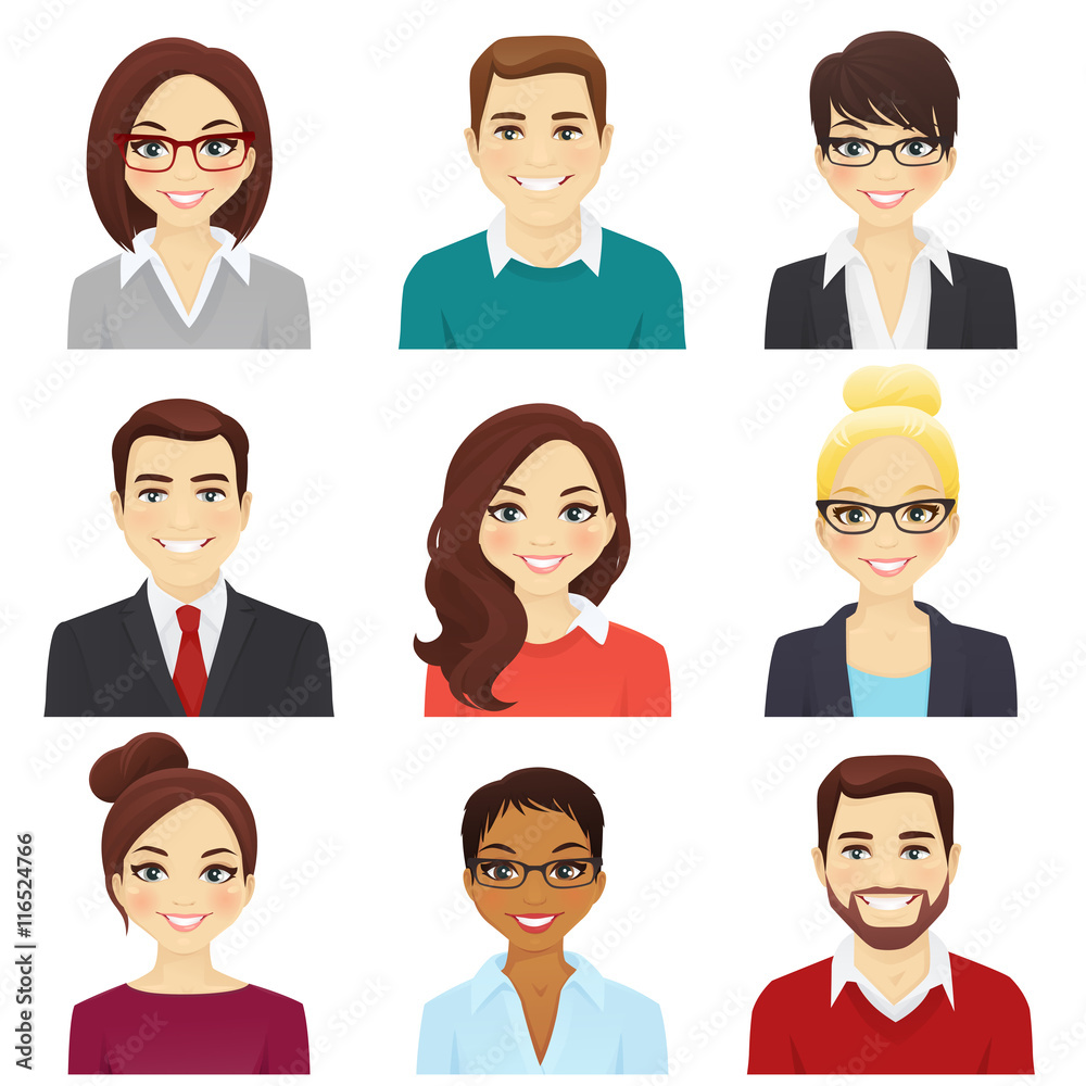 Set of smiling men and women in different business clothes isolated on ...
