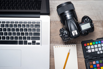 Fototapete - Concept of photographer work station. Top view of diverse person