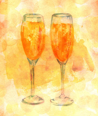 Watercolor drawing of two flute glasses of sparkling wine