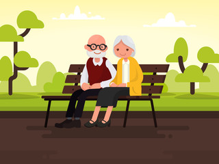 Wall Mural - Elderly couple outdoors. Grandparents are sitting on a bench in