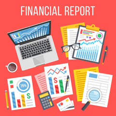 Poster - Financial report flat concept. Business icons, elements set. Top view. Modern flat design concepts. Creative vector illustration