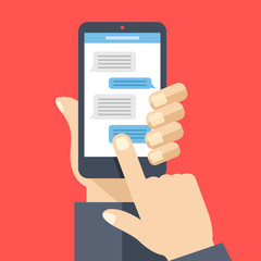 Poster - Chat on smartphone screen. Hand holds smartphone, finger touches screen. Instant messaging, texting concepts. Modern elements. Flat design vector illustration