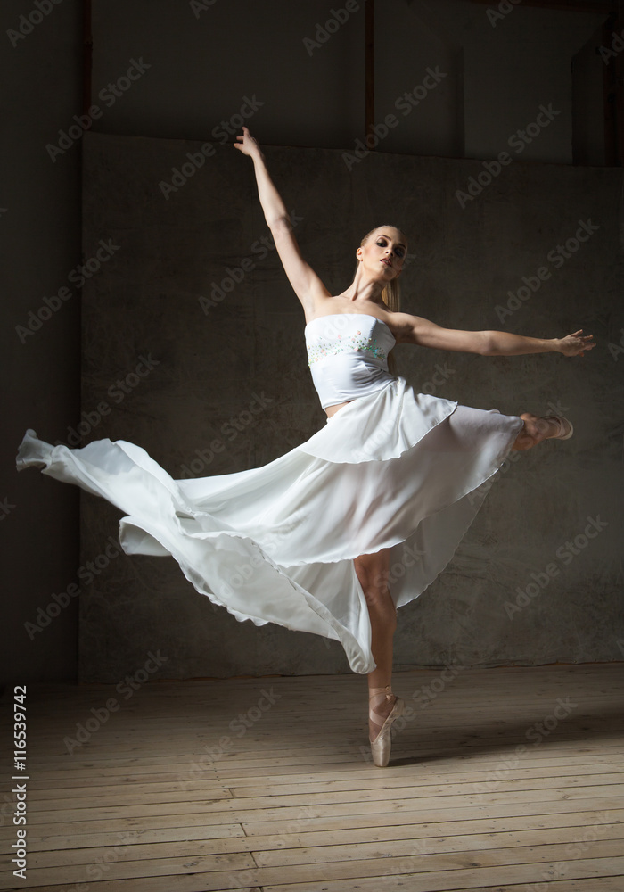 Beautiful ballet dancer in white costume with waving skirt dancing Stock  Photo | Adobe Stock