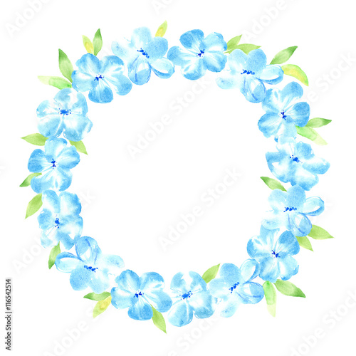 Floral wreath.Garland with blue flower and leaves.Herbal circle frame