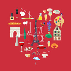 Wall Mural - Travel to France vector icons set in heart shape