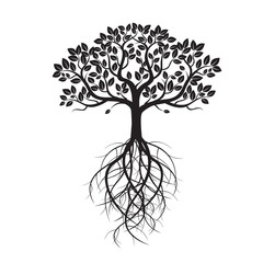 Wall Mural - White Old Tree and Roots. Vector Illustration.