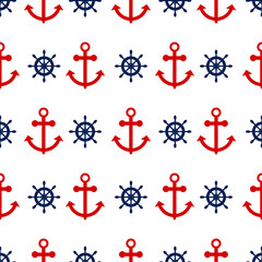 Wall Mural - Seamless vector pattern with nautical anchors. Sea theme red anchor and blue helm repeat background.